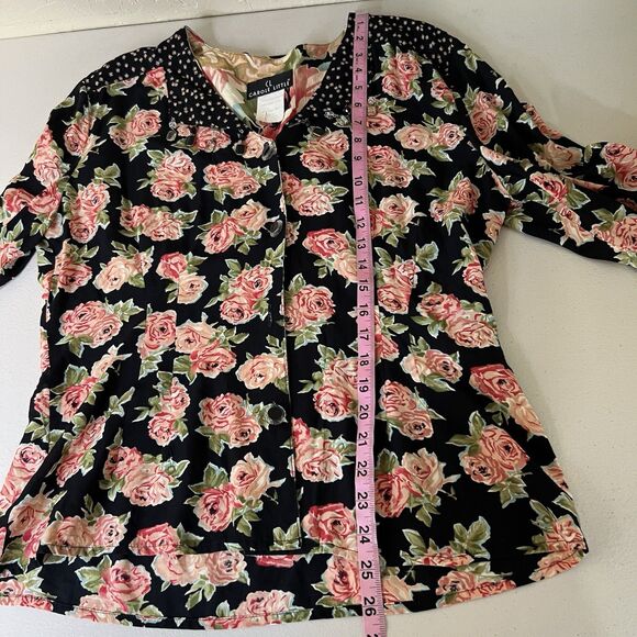 VTG Carol Little Button Down Top Womens 12 Black Pink Floral Beaded Notch Collar - Picture 5 of 10